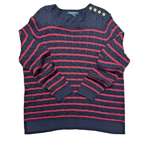 Lauren Ralph Lauren Sweater Womens Size 1X Black Red Striped Cable Knit Preppy